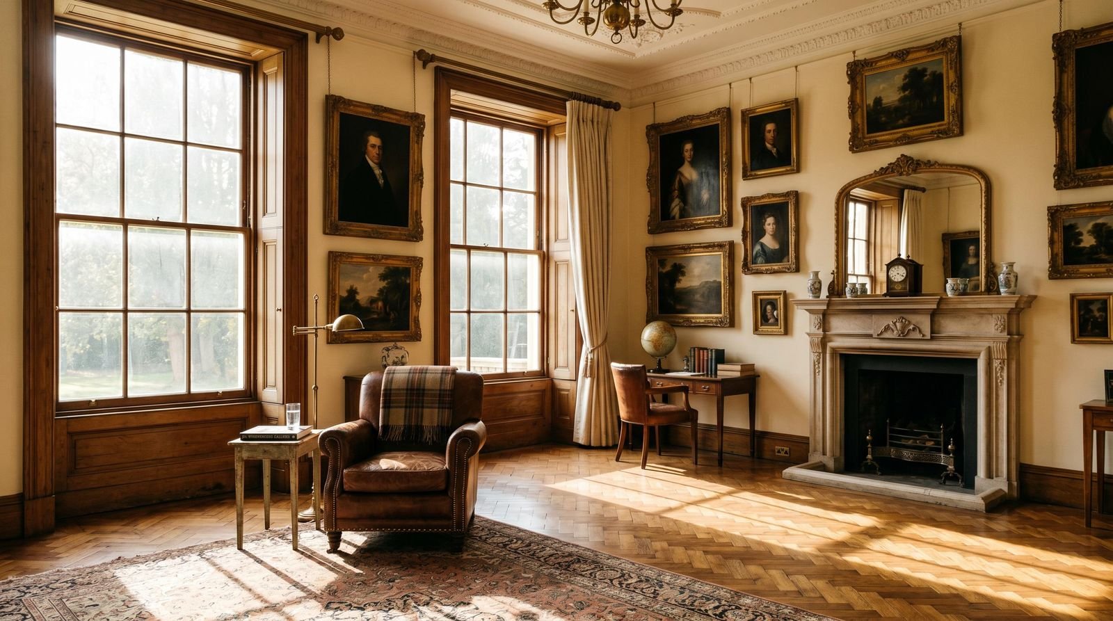 An English drawing room — leather chairs, picture wall, late afternoon light