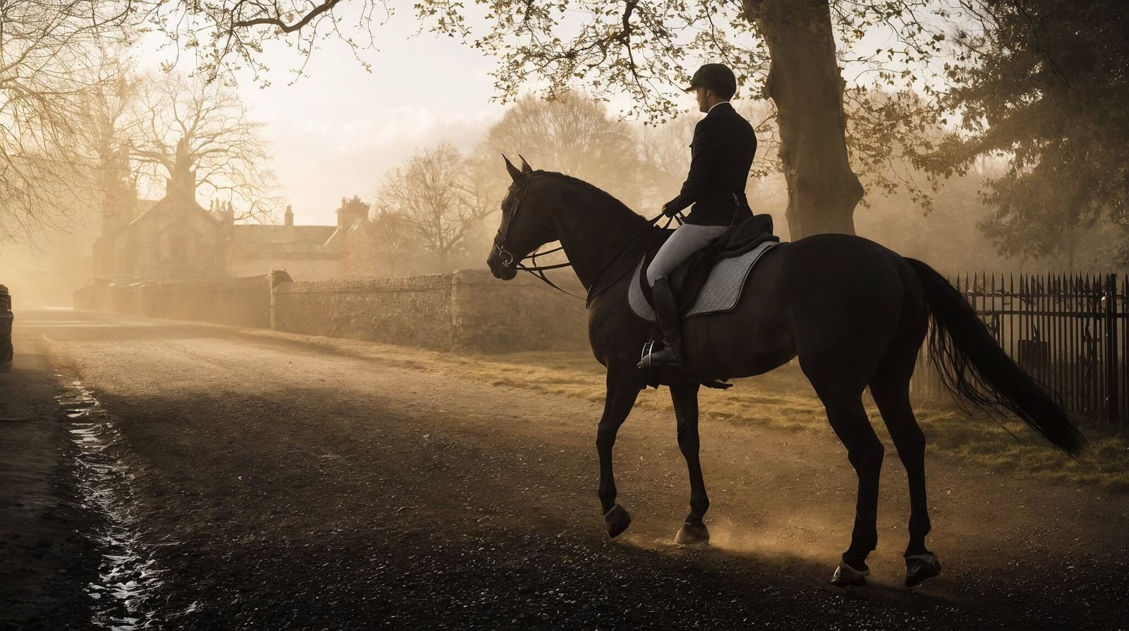 An equestrian estate at golden hour — long avenue, horses and outbuildings, the kind of property that is not for sale.